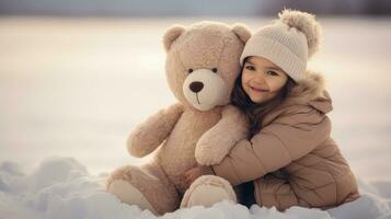 ai généré portrait peu fille et nounours ours sur neige champ. amitié, meilleur ami concept. ai génératif photo