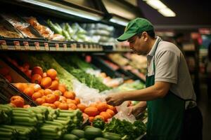 ai généré Frais biologique supermarché, une ouvrier reconditionnement étagères à le végétarien département allée, ai génératif photo