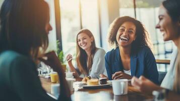 ai généré groupe de diverse femmes ayant petit déjeuner ensemble, ai génératif photo