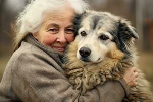 ai généré plus âgée personnes âgées avec animal de compagnie, un vieux solitaire femme avec sa chien, ai génératif photo