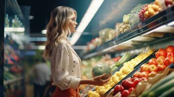 ai généré femme dans supermarché, côté vue de femme choisit des légumes dans supermarché, ai génératif photo