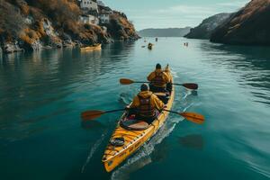 ai généré drone vue de gens Aller kayak photo