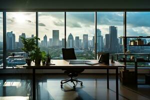 ai généré magnifique Contexte de une moderne Bureau intérieur avec panoramique les fenêtres photo