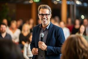 ai généré Masculin orateur donnant une parler sur entreprise affaires conférence. méconnaissable gens dans public à conférence salle. affaires et entrepreneuriat un événement photo