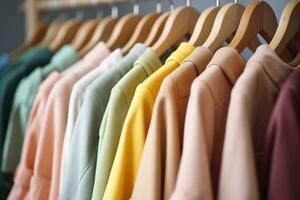 ai généré coloré vêtements sur une Vêtements étagère, pastel coloré placard dans une achats boutique ou chambre à coucher, arc en ciel Couleur vêtements choix sur cintres, Accueil garde-robe concept image. ai génératif photo