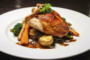 ai généré plaqué poulet rôti dîner sur une blanc assiette avec carotte et morille champignon. ai généré. photo