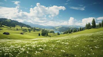 ai généré paysage photo de une vert floraison Prairie sur une ensoleillé été journée