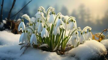 ai généré clairière avec perce-neige dans le printemps forêt à le coucher du soleil photo