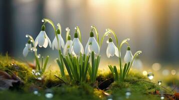 ai généré clairière avec perce-neige dans le printemps forêt à le coucher du soleil photo