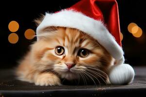 ai généré mignonne gingembre rouge chaton portant Père Noël claus chapeau photo