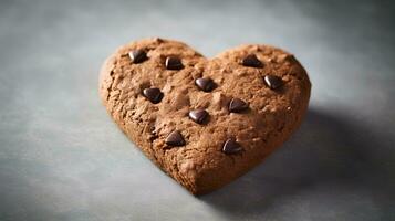ai généré Chocolat puce biscuit dans le forme de une cœur sur une gris Contexte photo