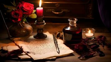 ai généré penne stylo, encrier et rouge des roses sur une en bois table photo