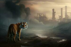 ai généré tigre sur industriel usine pollué zone. produire ai photo