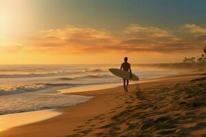 ai généré bronzé homme planche de surf plage. produire ai photo