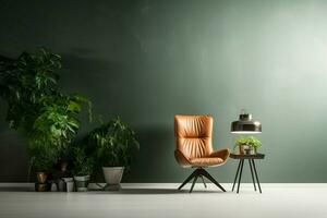 ai généré nettoyer conception espace chaise, lampe, vert plante avec copie espace photo