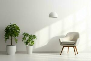 ai généré minimaliste intérieur chaise, lampe, vert plante contre blanc toile de fond photo