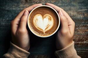 ai généré femelle mains en portant une tasse de café avec cœur mousse . chaud café avec une cœur. ai génératif photo