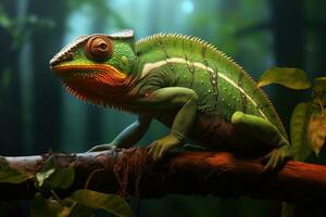 ai généré incroyablement mignonne coloré caméléon lézard sur le vert arbre. ai généré. photo