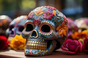 ai généré brillant calavera pour le journée de le mort vacances. coloré mexicain crâne comme une symbole de dia de los muertos photo