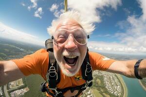 ai généré un vieux homme prise une selfie tandis que parachutisme avec généré ai photo