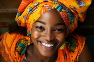 ai généré africain femme souriant et portant coloré robe avec génératif ai photo