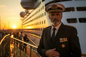 ai généré vieux Masculin capitaine permanent dans de face de le navire bokeh style Contexte avec généré ai photo