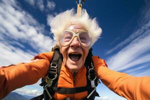 ai généré un vieux femme prise une selfie tandis que parachutisme avec généré ai photo