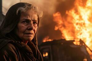 ai généré un vieux femme permanent dans de face de une brûlant bâtiment bokeh style Contexte avec génératif ai photo