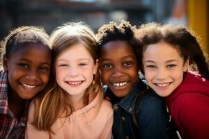 ai généré africain et américain Jeune les filles souriant ensemble la diversité concept avec génératif ai photo