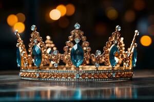 ai généré une bleu diamant couronne sur bois table bokeh style Contexte avec généré ai photo