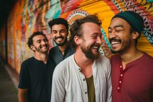 ai généré une groupe de asiatique et américain homme relation amicale souriant bokeh style Contexte avec génératif ai photo