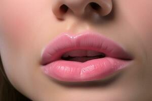 ai généré une proche en haut de une femme rose lèvres avec génératif ai photo