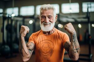 ai généré un personnes âgées homme spectacle le sien muscle dans le Gym bokeh style Contexte photo