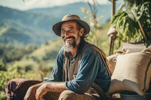 ai généré Masculin café agriculteur souriant dans de face de le sien ferme bokeh style Contexte avec génératif ai photo