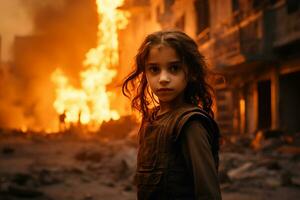 ai généré une Jeune fille permanent dans de face de une brûlant bâtiment bokeh style Contexte avec génératif ai photo