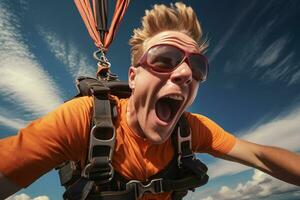 ai généré une homme prise une selfie tandis que parachutisme avec généré ai photo