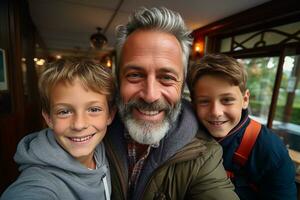 ai généré aimant père fils liaison joyeux papa et fils ayant amusement à maison, souriant ensemble dans brillant couleurs photo