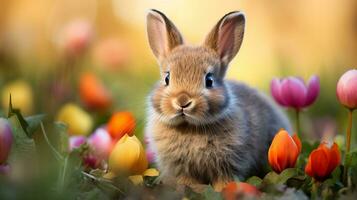 ai généré mignonne Pâques lapin avec coloré des œufs dans fleuri prairie, vibrant printemps couleurs et copie espace photo