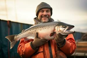 ai généré une homme en portant une gros poisson dans le rivière bokeh style Contexte avec génératif ai photo