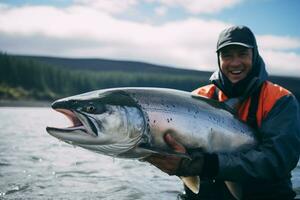 ai généré une homme en portant une gros poisson dans le rivière bokeh style Contexte avec génératif ai photo