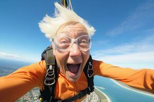 ai généré un vieux homme prise une selfie tandis que parachutisme avec généré ai photo