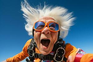 ai généré un vieux femme prise une selfie tandis que parachutisme avec généré ai photo