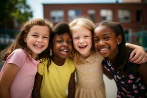 ai généré africain et américain Jeune les filles souriant ensemble la diversité concept avec génératif ai photo