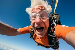 ai généré un vieux homme prise une selfie tandis que parachutisme avec généré ai photo