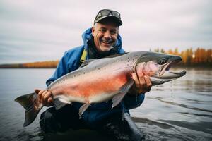 ai généré une homme en portant une gros poisson dans le rivière bokeh style Contexte avec génératif ai photo