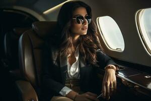 ai généré femme d'affaires séance sur privé jet bokeh style Contexte avec généré ai photo