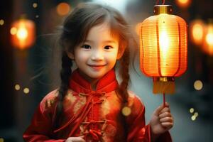 ai généré une mignonne chinois fille portant traditionnel vêtements en portant une lanterne sur lunaire Nouveau an. génératif ai. photo