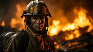 ai généré pompier et casque sur foncé Contexte avec lourd Feu et fumée. génératif ai. photo