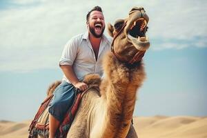 ai généré joyeux touristique sur groupe chameau balade dans désert photo