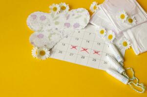 menstruel tampons et tampons sur menstruation période calendrier avec camomille sur Jaune Contexte. photo
